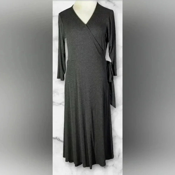 Knit Wrap Dress Gray Minimalist Career Office Slip-On Pockets Soft Stretch Midi - Picture 2 of 10